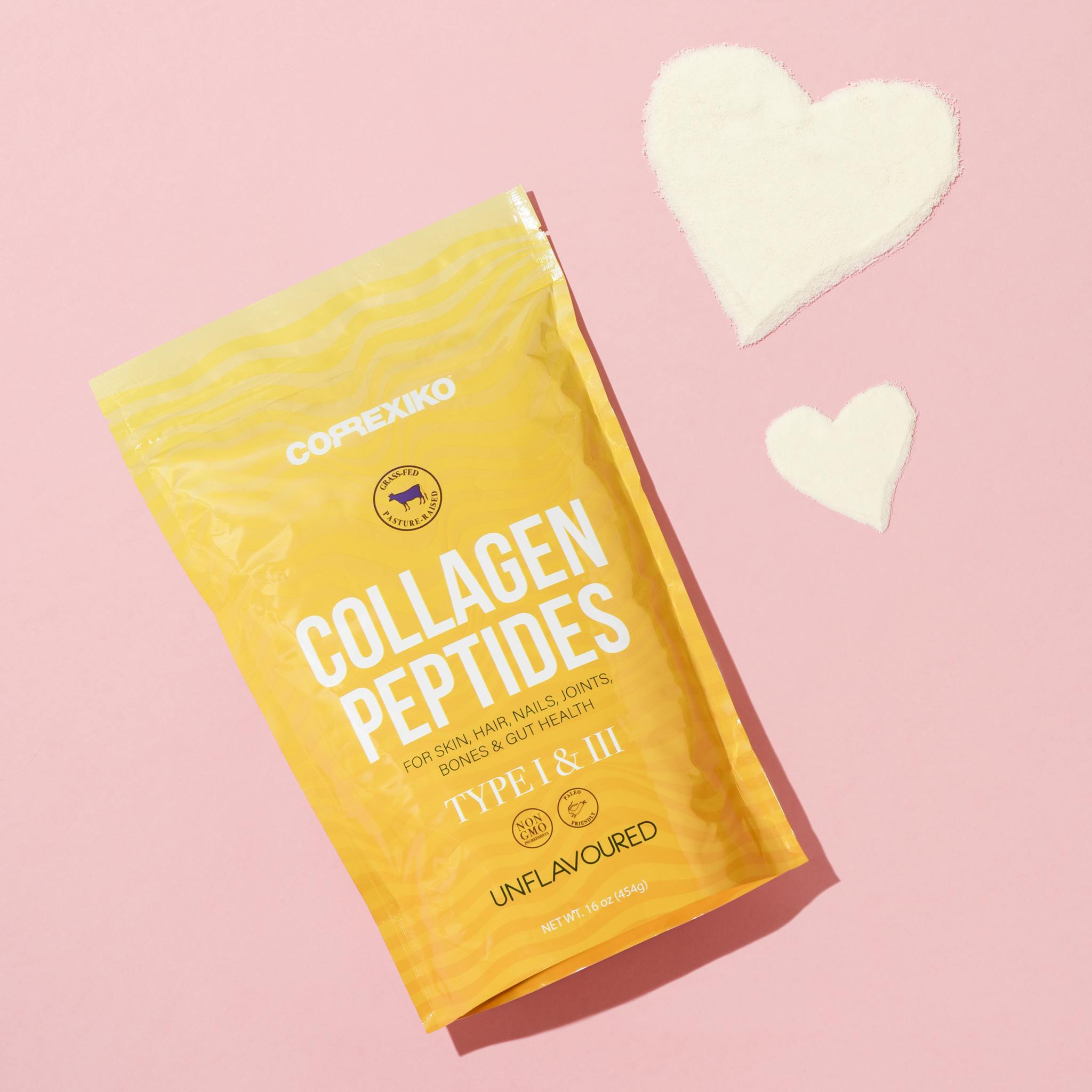 Brightly packaged collagen peptides in a vibrant pink setting. Perfect for product showcases.