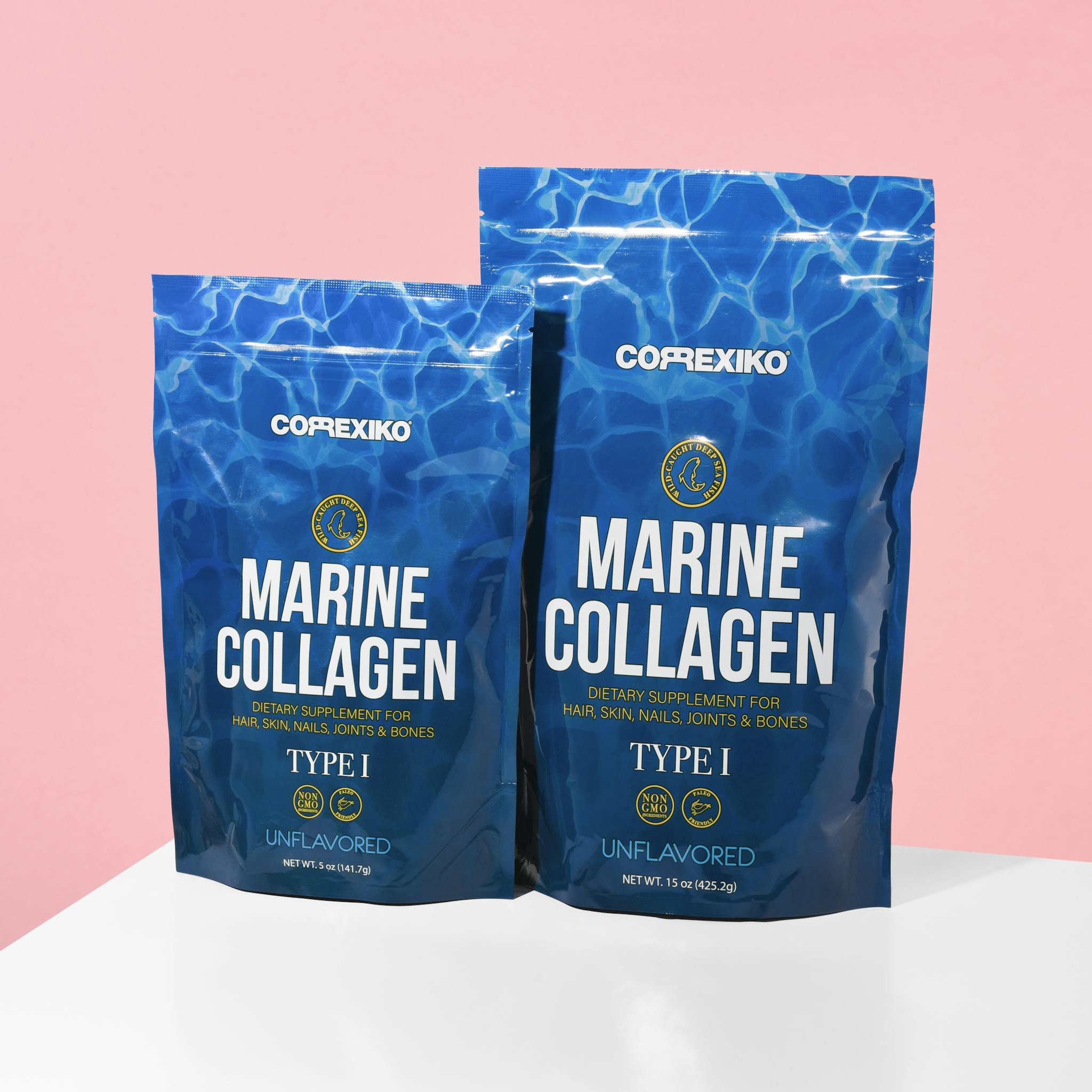 Close-up of marine collagen packaging on a pink background for health supplements.
