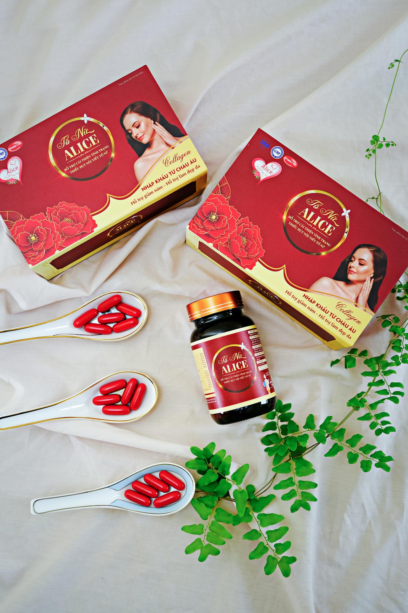 Collagen beauty supplements and tablets with natural elements for skincare.