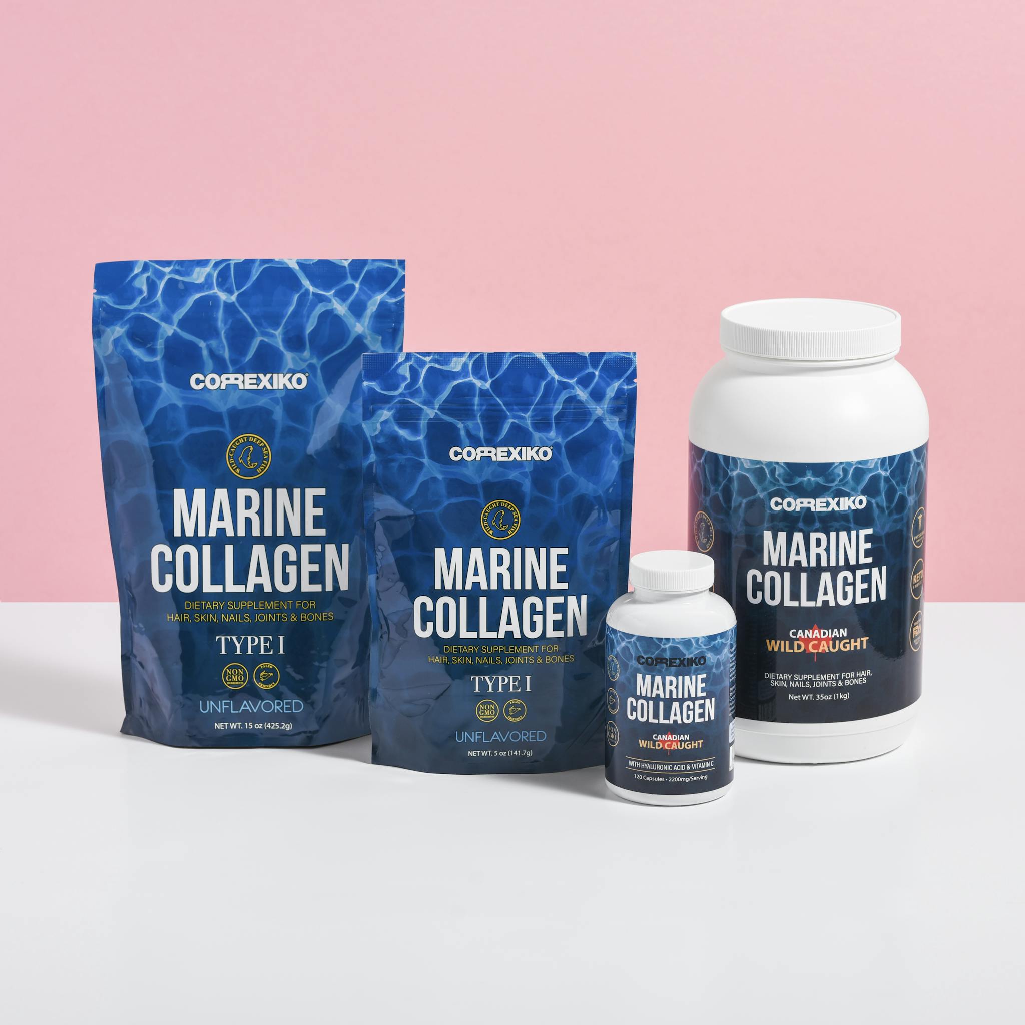 Collection of marine collagen supplement packages against a pink background, showcasing product variety.