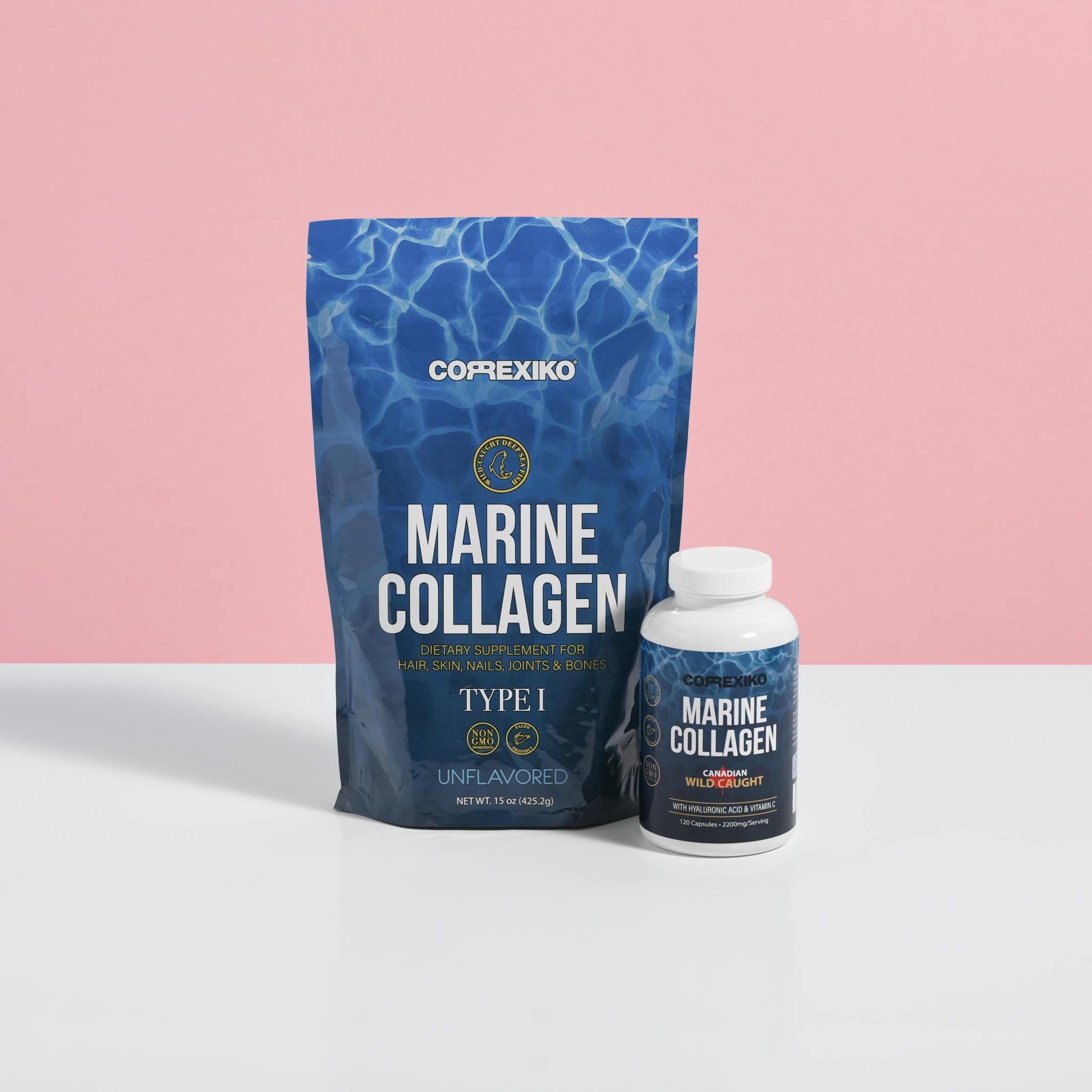 High-quality product shot of marine collagen supplements in packaging.