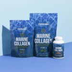 Supplement product shot showcasing marine collagen packaging with blue background.