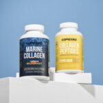 Vibrant display of marine collagen and collagen peptides bottles on white platform.