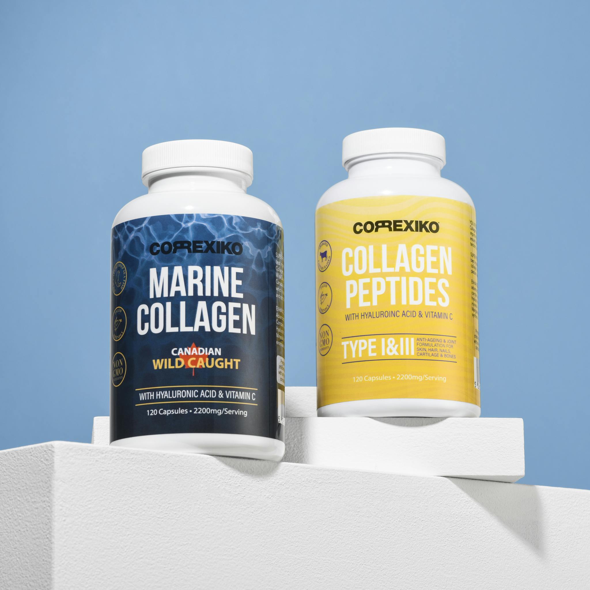Vibrant display of marine collagen and collagen peptides bottles on white platform.