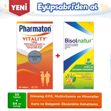 Pharmaton Vitality 30 Tablet Bisolnatur Doğal Içerikli Oksuruk Şurubu Enerjik ve Boğaz Rahatlatıcı Paket